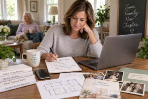 Adult daughter planning her aging mother's downsizing and move